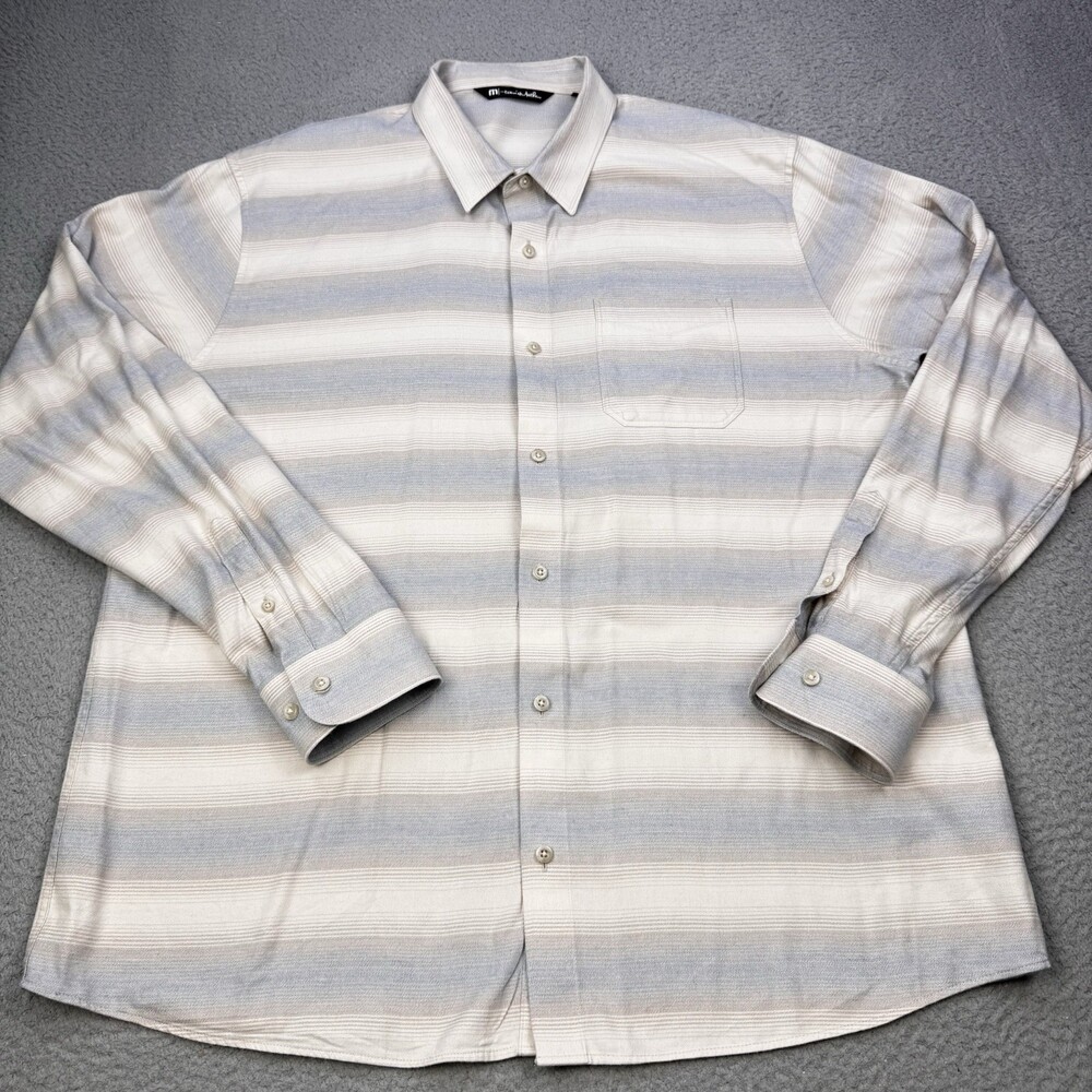 TRAVIS MATHEW Shirt Mens Extra Large Beige Blue Cloud Flannel Stripe Casual